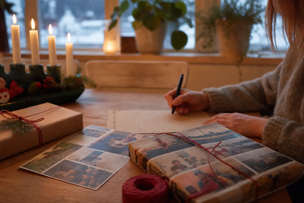 Handskrivet brev och inslaget fotokollage som exempel på present utan nyinköp