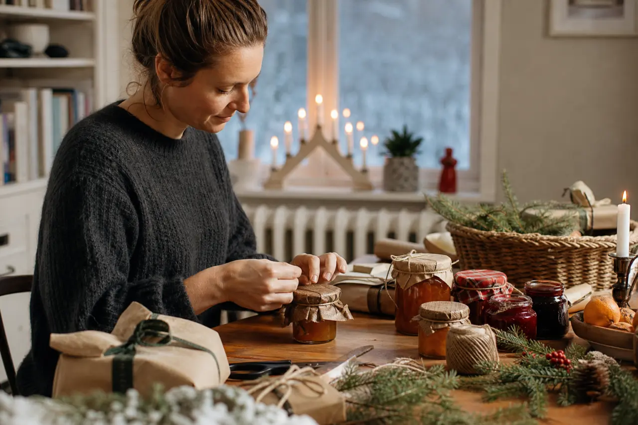 Hemmagjord mat i burk (till exempel marmelad eller saffranskola) förpackad som julklapp