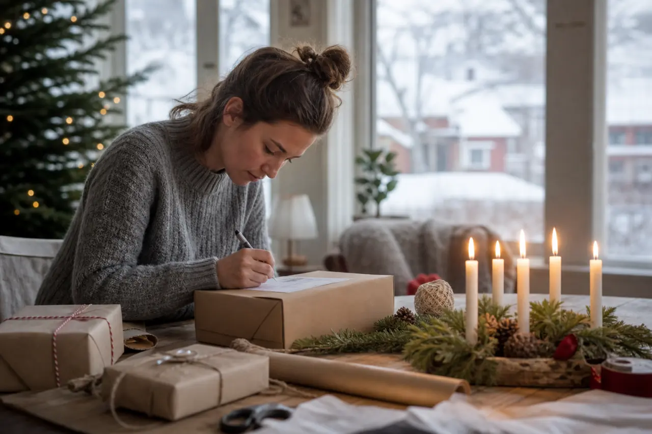Paket som packas för leverans med fraktetikett synlig