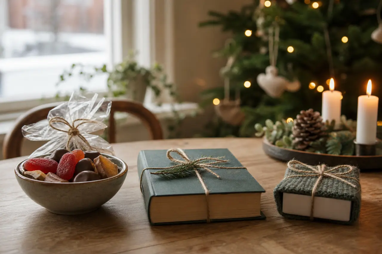 Uppradade julklappar i olika kategorier – godis, bok och mindre pryl bredvid varandra