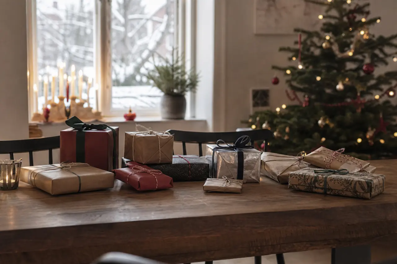Uppradade presenter i 50-100 kr-klassen inför julklappsleken på ett kontor
