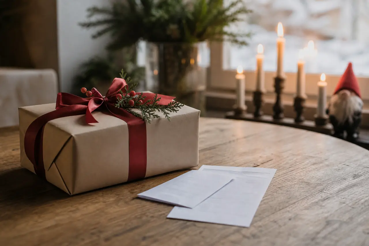 Genomtänkt inslagen premiumjulklapp på ett bord, kvitto och garantibevis bredvid