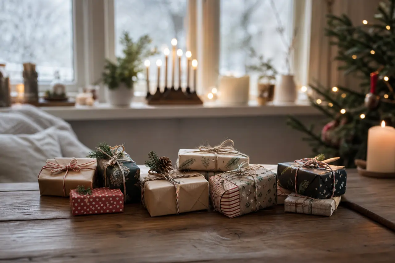 Flera små inslagna julklappar under 50 kr uppradade bredvid varandra