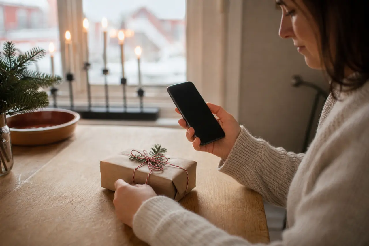 Sista-minuten-julklapp under 200 kr, digitalt presentkort på mobilskärm bredvid ett inslaget litet paket
