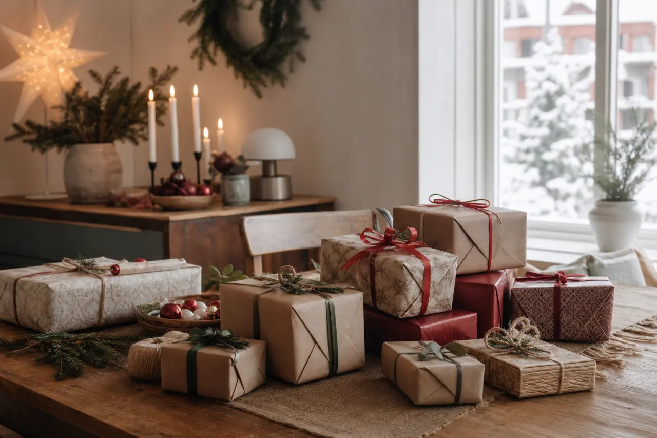 Inslagna julklappar i olika storlekar uppradade, varm julig stil