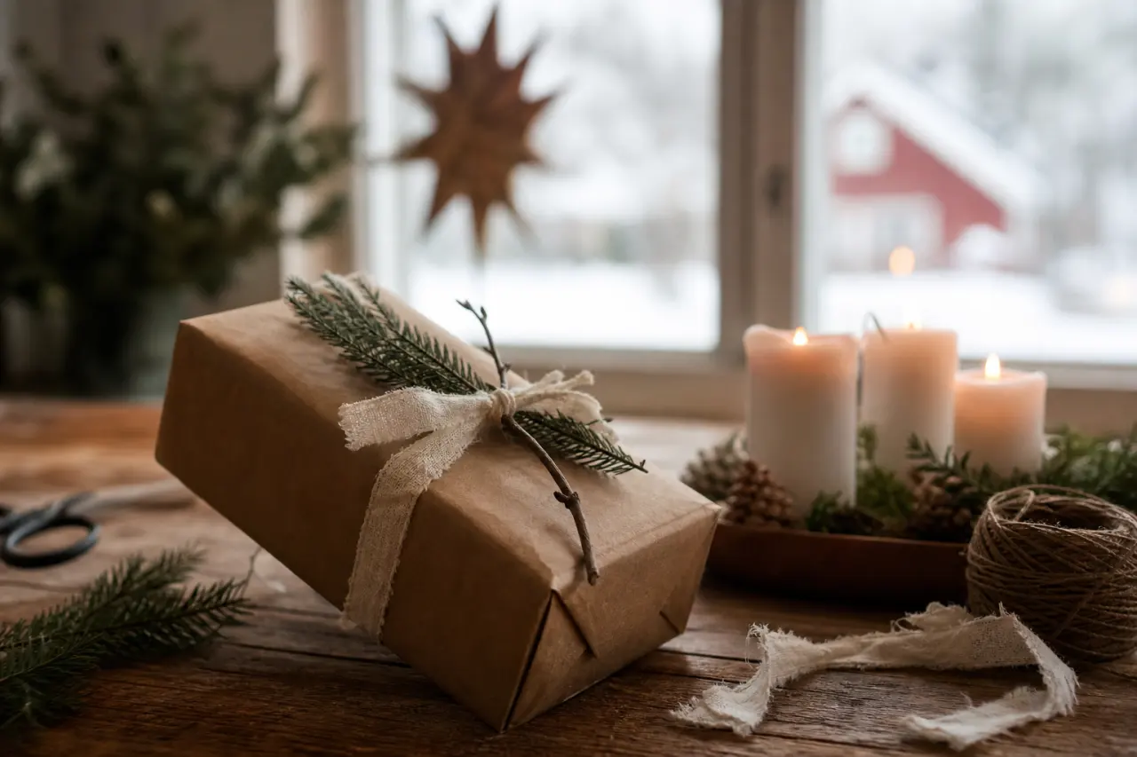 Inslagen julklapp i återvunnet papper med naturmaterial som kvist och tygband