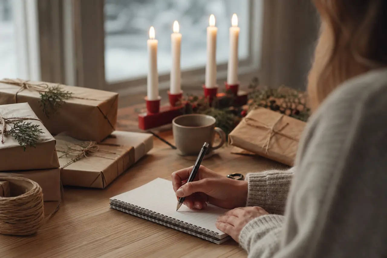 Hand som skriver en enkel budgetlista för julklappar i ett anteckningsblock