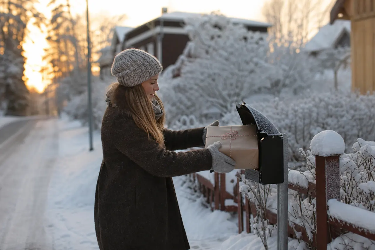 Paket och brevlåda i vinterlandskap dagen före julafton