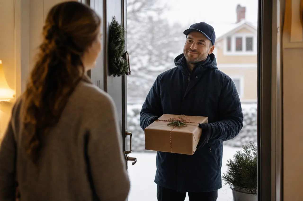 Presentbud som lämnar julklappspaket vid en dörr