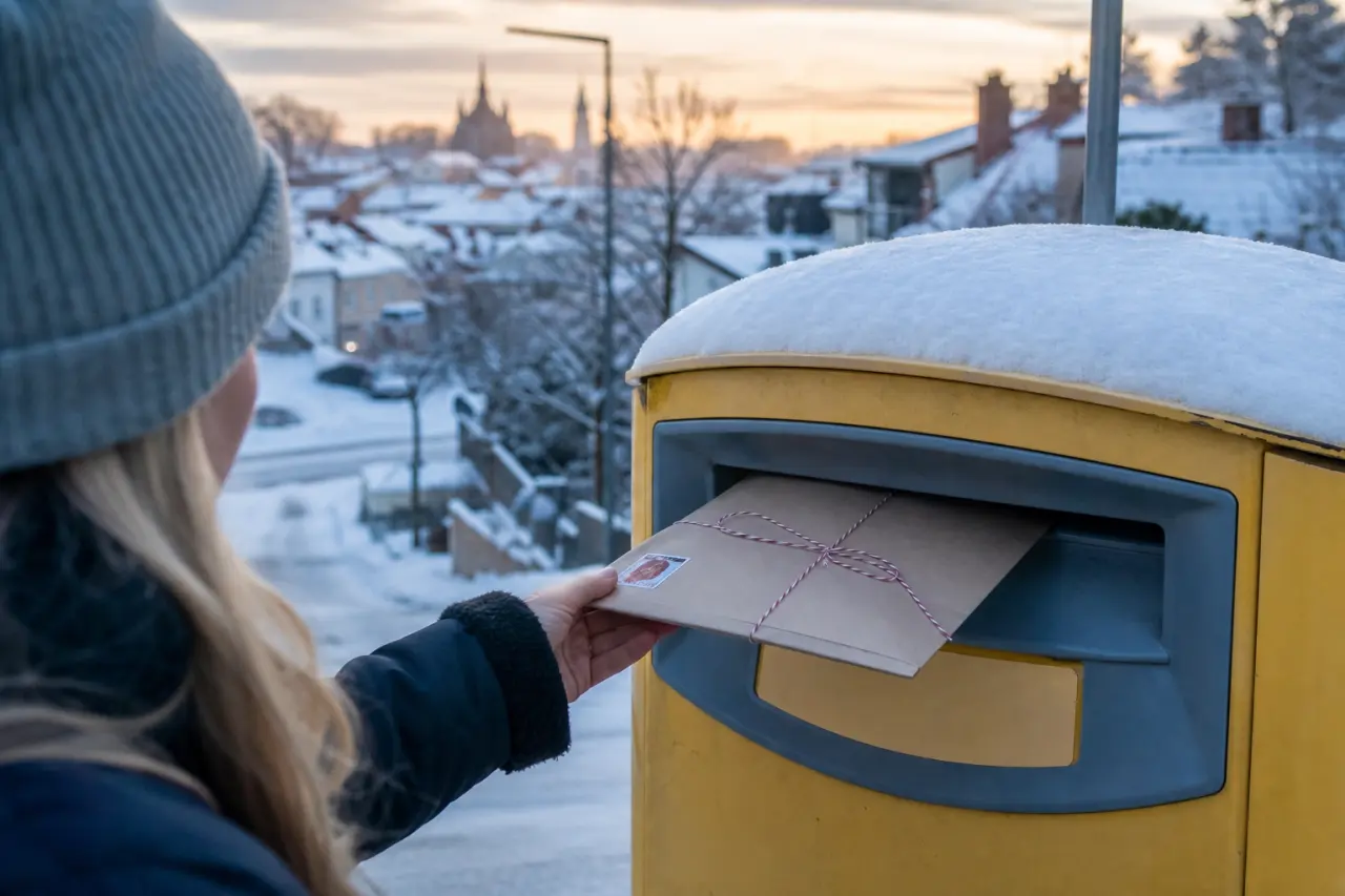 Ett paket som skickas iväg med posten mot en vinterhimmel