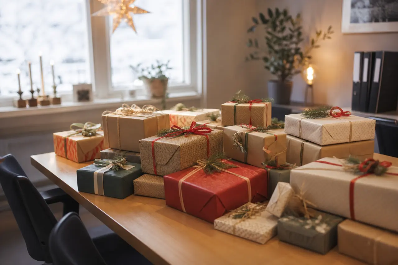 Inslagna julklappar samlade på ett kontorsbord inför utdelning till personalen