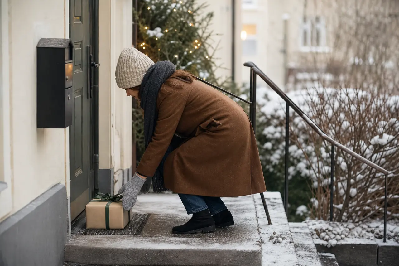 Paket med julklapp som lämnas i brevlådan eller på trappan