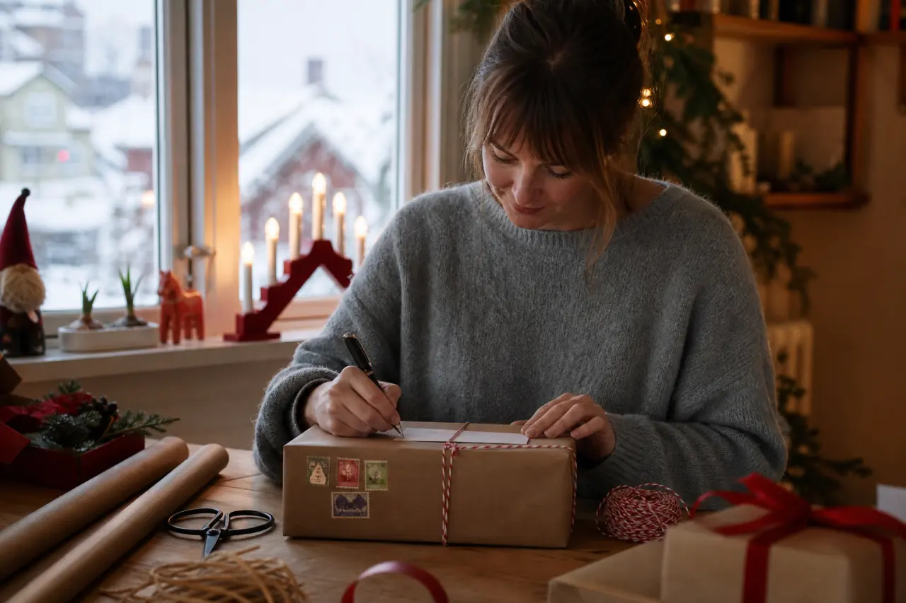 Julklappspaket med frimärken och adressetikett för utrikes frakt