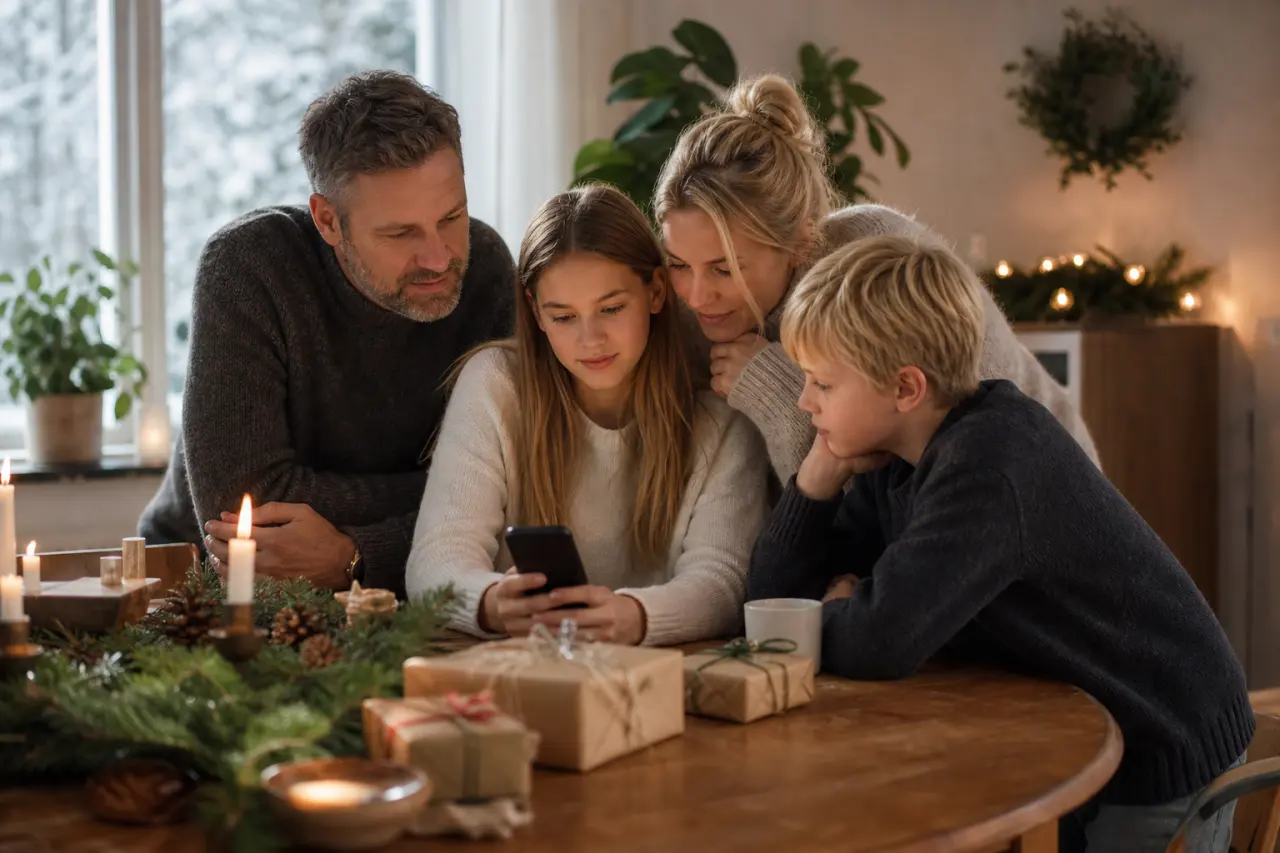 Familj som stämmer av en delad önskelista i mobilen inför julklappsinköpen