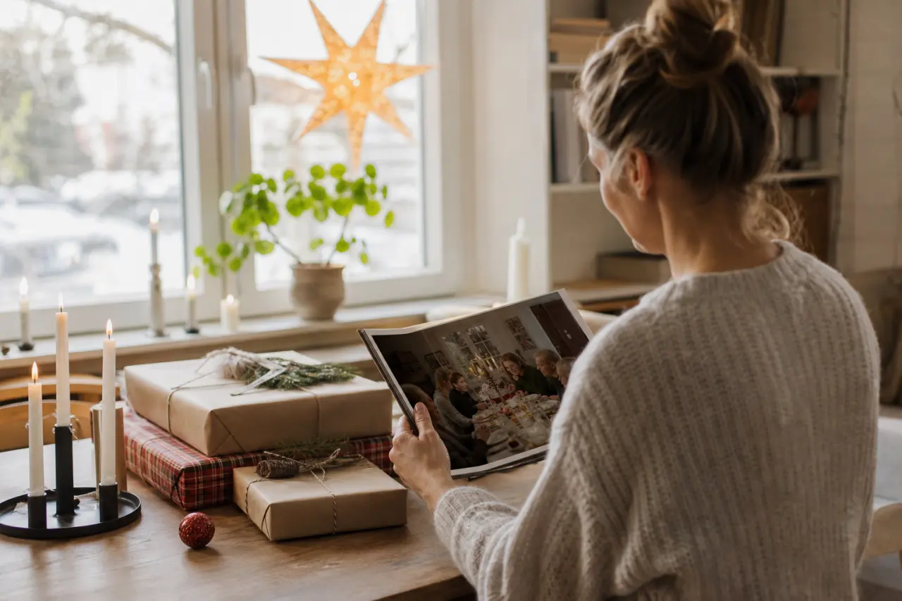 Fotobok eller fotokudde med tryckt familjebild på ett julbord