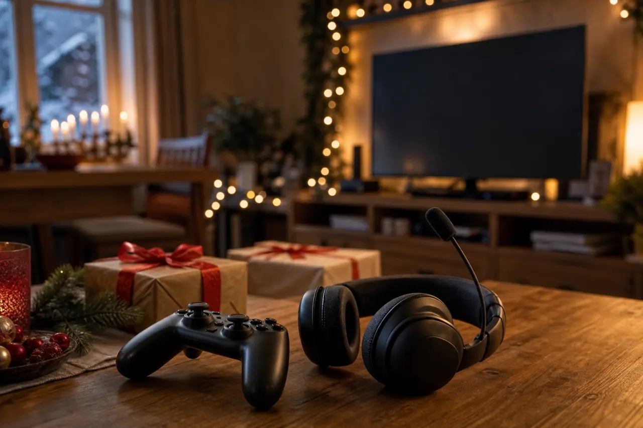 Spelkontroller och headset framför en tv med julbelysning