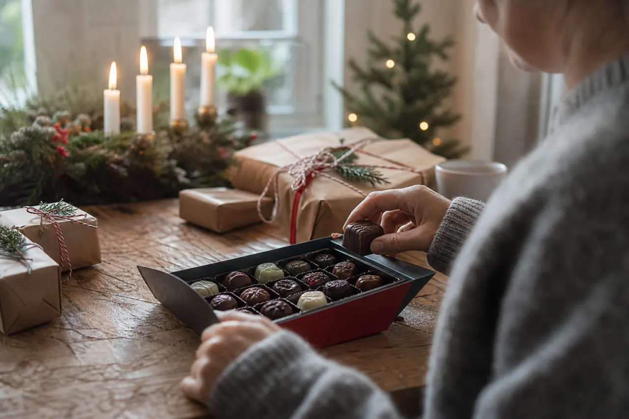Presentask med praliner och choklad upplagd för julgåva