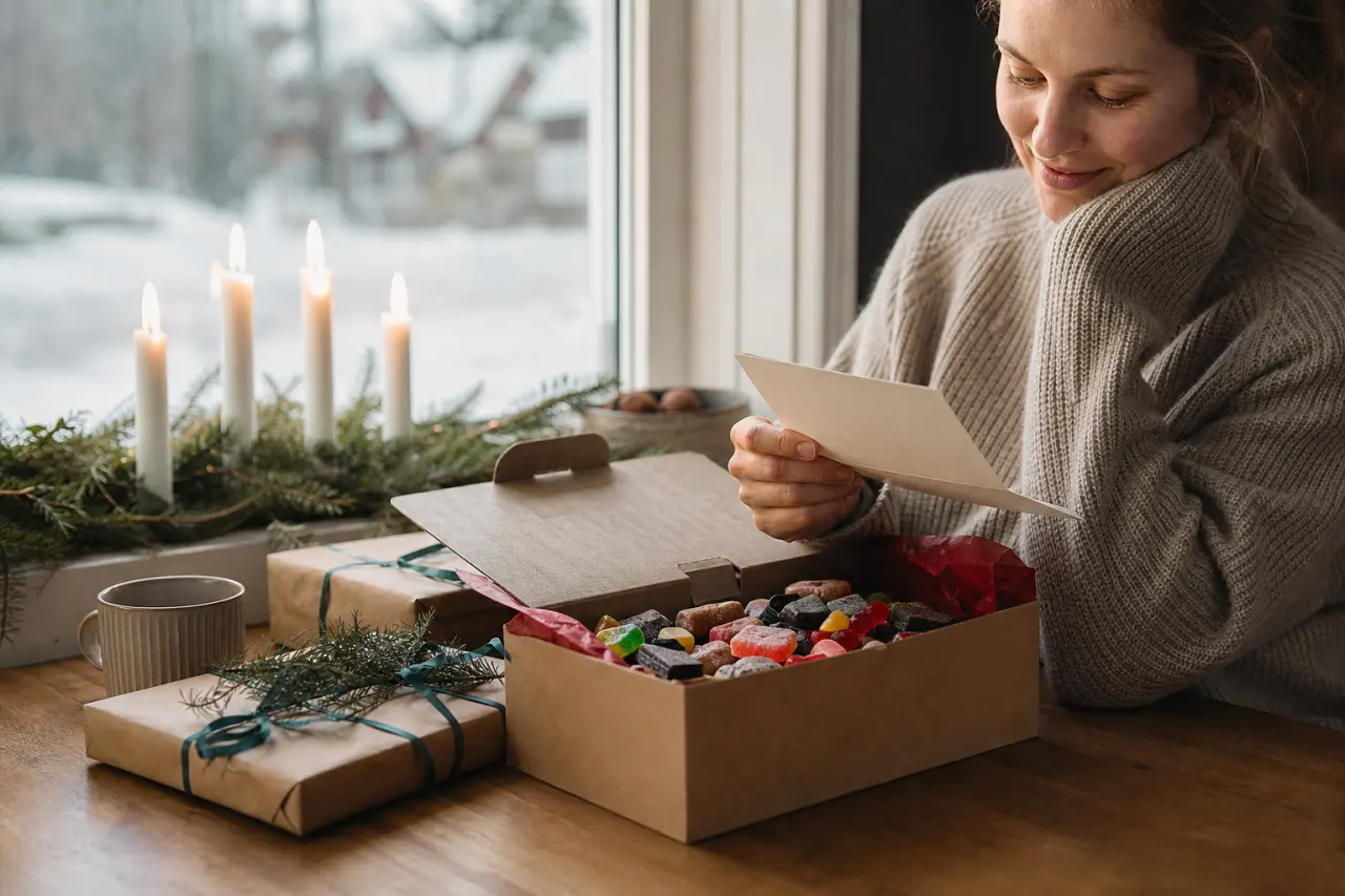 Godisbox fylld med blandat lösgodis och personlig hälsningskort
