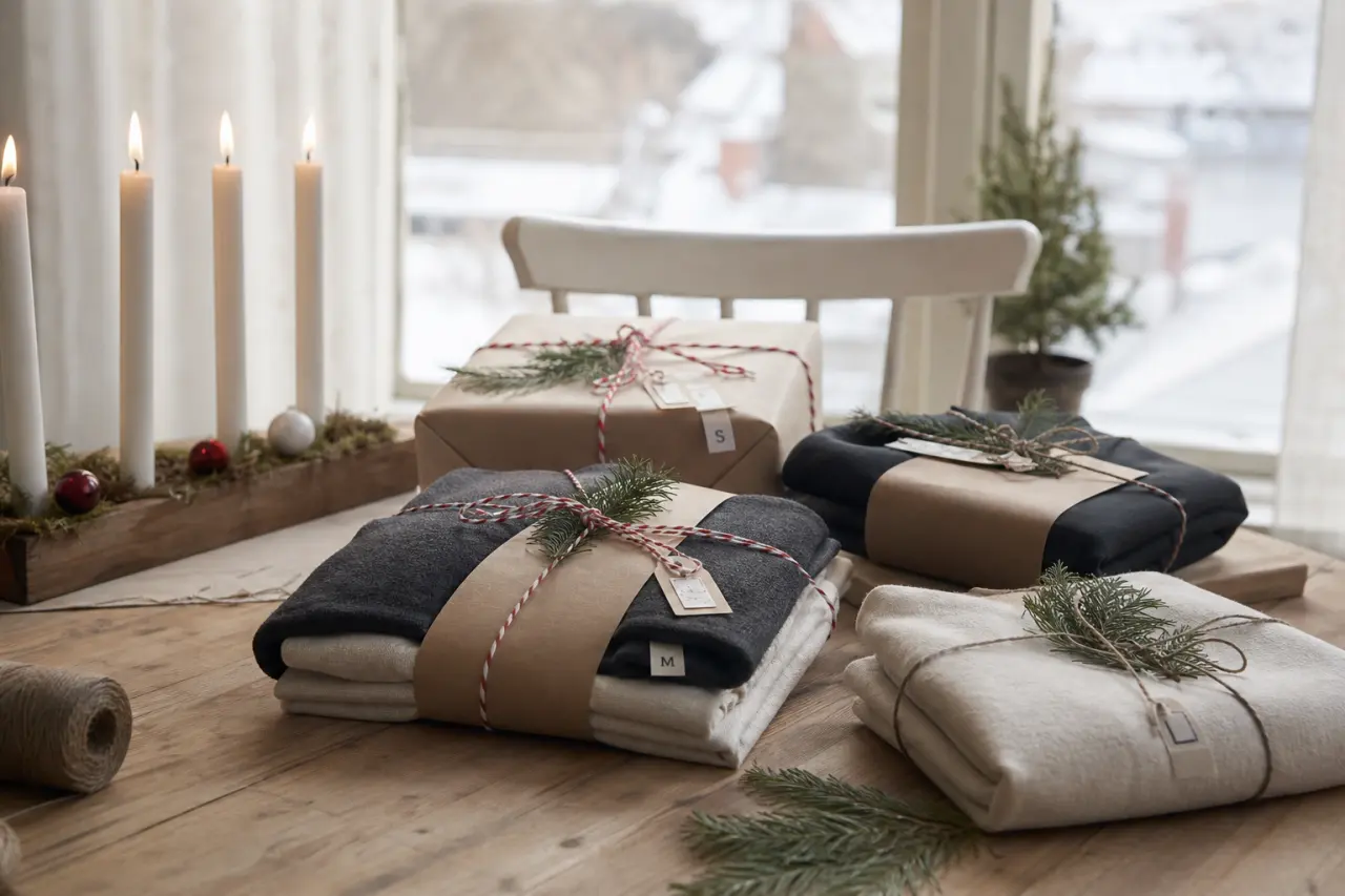 Inslagna klädesplagg som julklappar med etiketter och storlekslappar