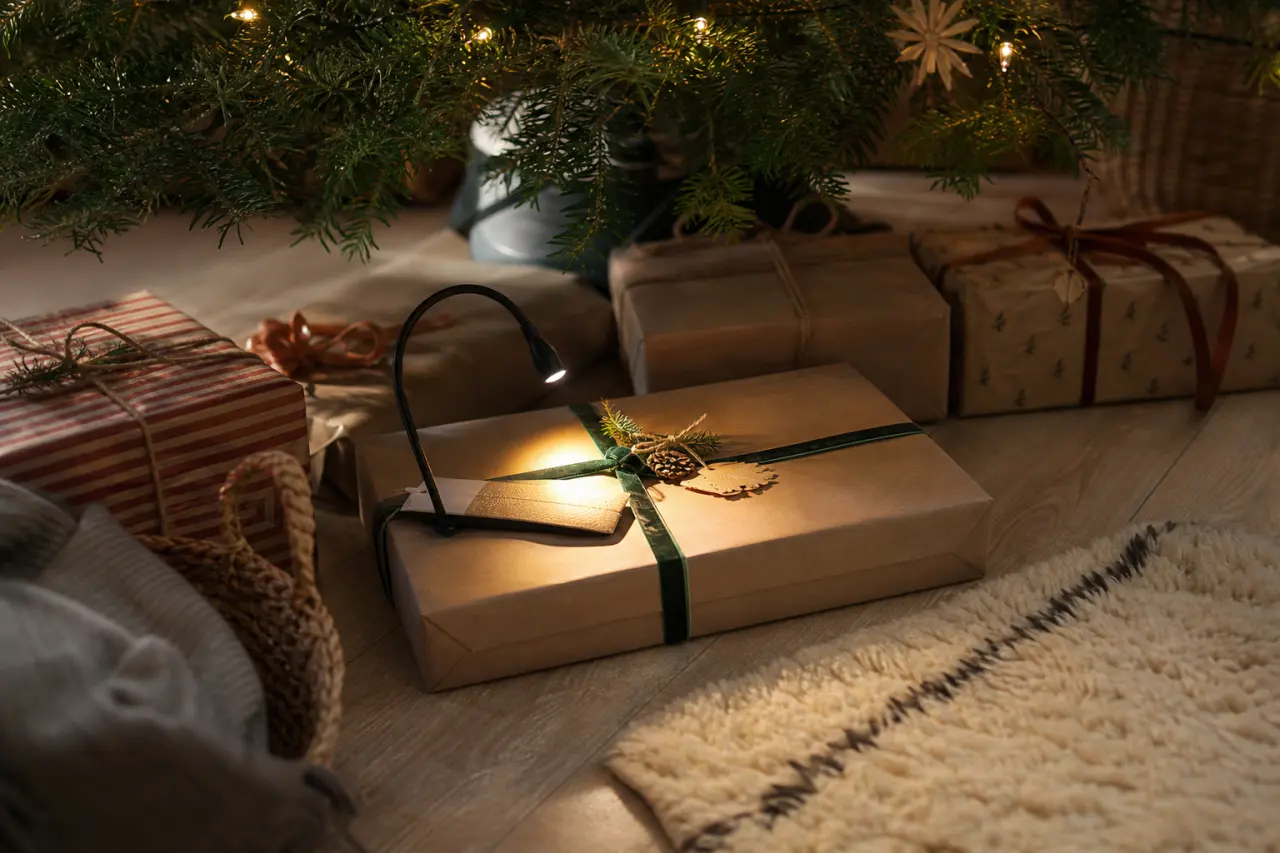 Inslagen bok med bokmärke och läslampa under julgranen