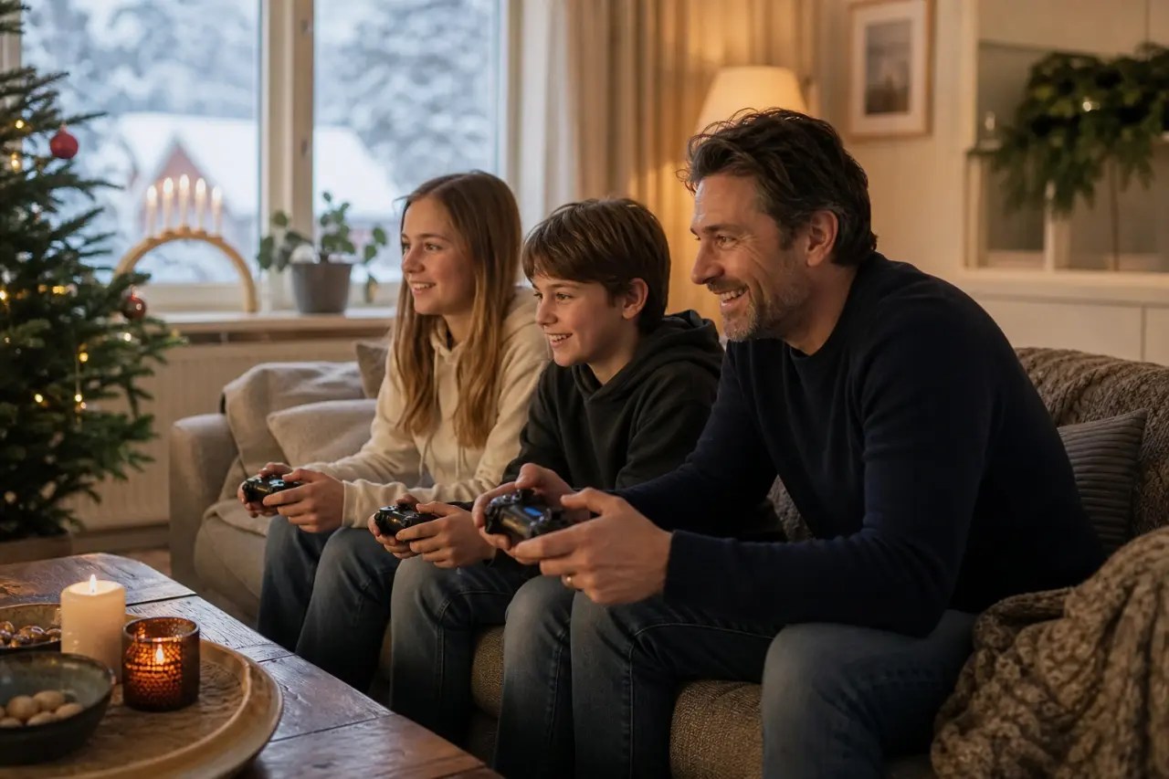 Barn som spelar tv-spel tillsammans med en förälder i soffan