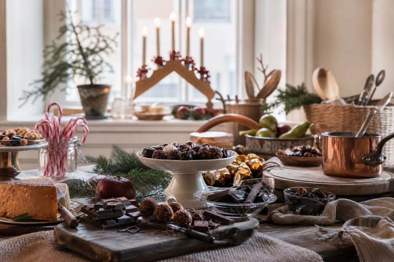 uppdukat julbord med choklad, delikatesser och köksredskap