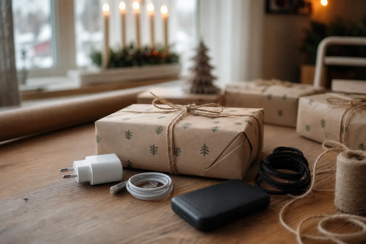 presentinslagen teknikpryl med laddare och sladdar på ett skrivbord