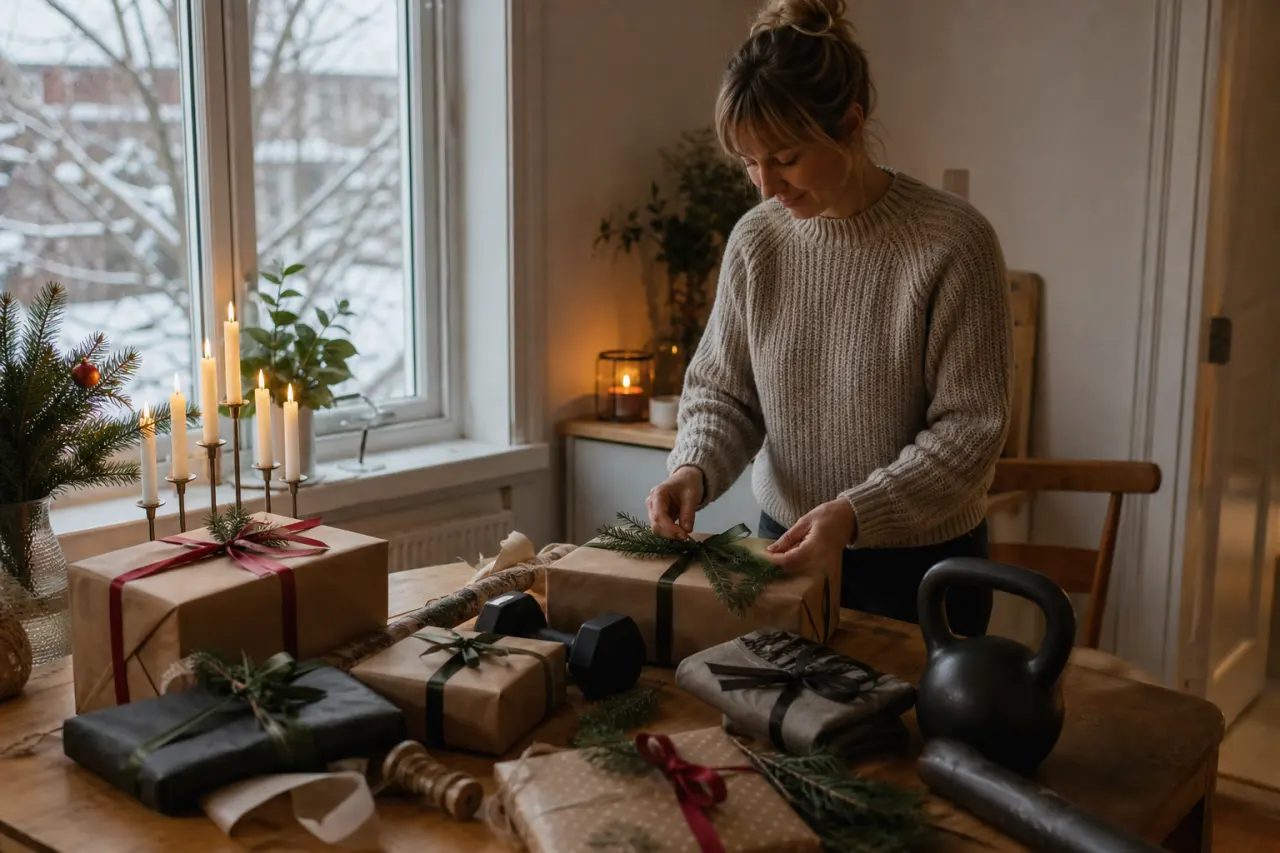 träningsredskap och sportkläder omslagna som julklappar