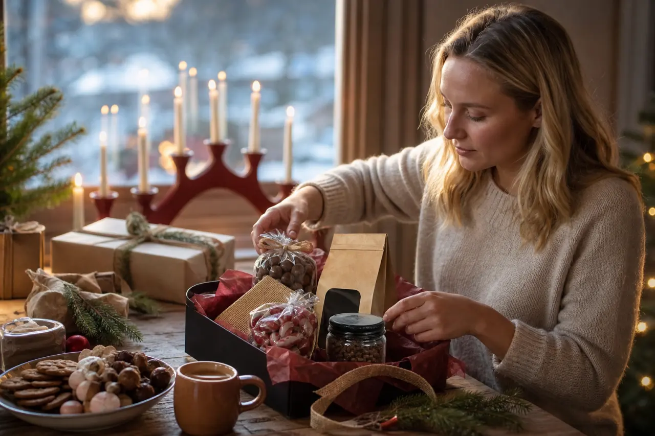 Alkoholfri julklapp med choklad, godis och kaffe uppdukat i julig miljö