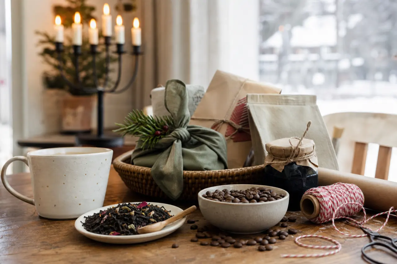 Kaffe- och tepresent med bönor, lösvikt te och kopp i julig uppsättning