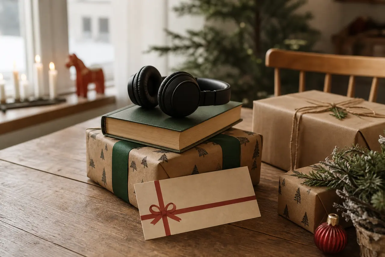 Inslagen bok tillsammans med hörlurar och ett presentkort på ett julbord
