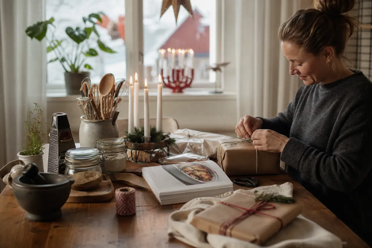 Uppdukat köksbord med kryddor, en kokbok och inslagna köksprylar