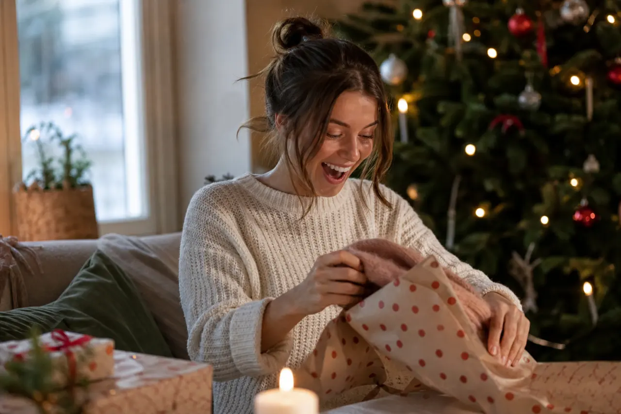 Skrattande person som öppnar en rolig julklapp vid julgranen