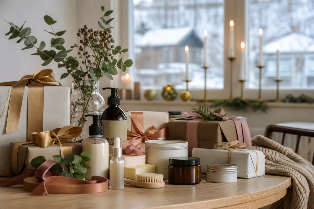 Skönhetsprodukter och presentförpackningar uppradade på en bordsyta
