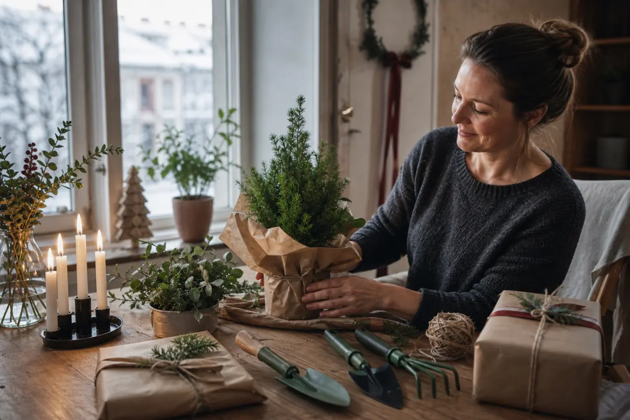Trädgårdsredskap och krukväxter förberedda som julklapp