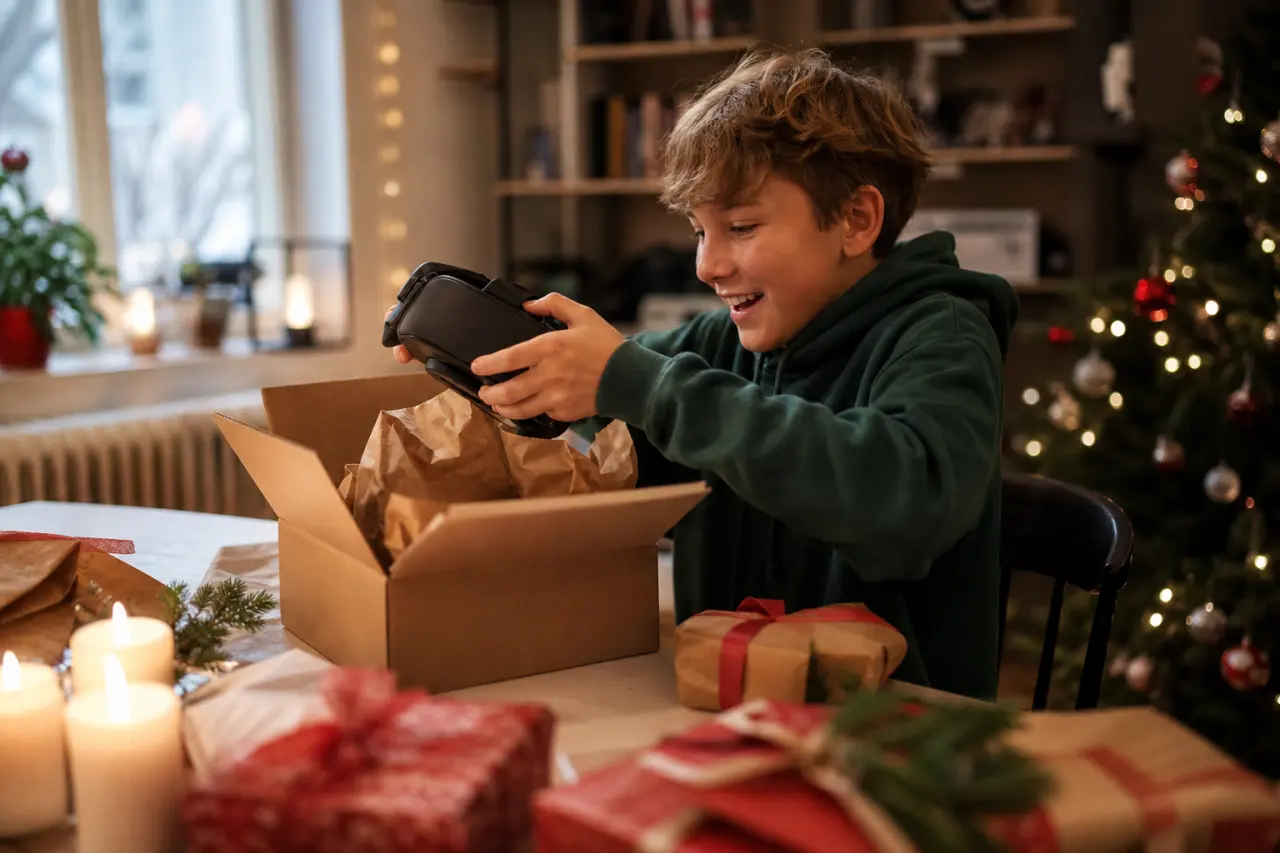 Barn 10-12 år som packar upp ett paket, tema teknik/gaming