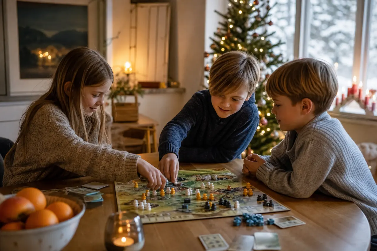 Barn 7-9 år som spelar sällskapsspel eller experimenterar hemma