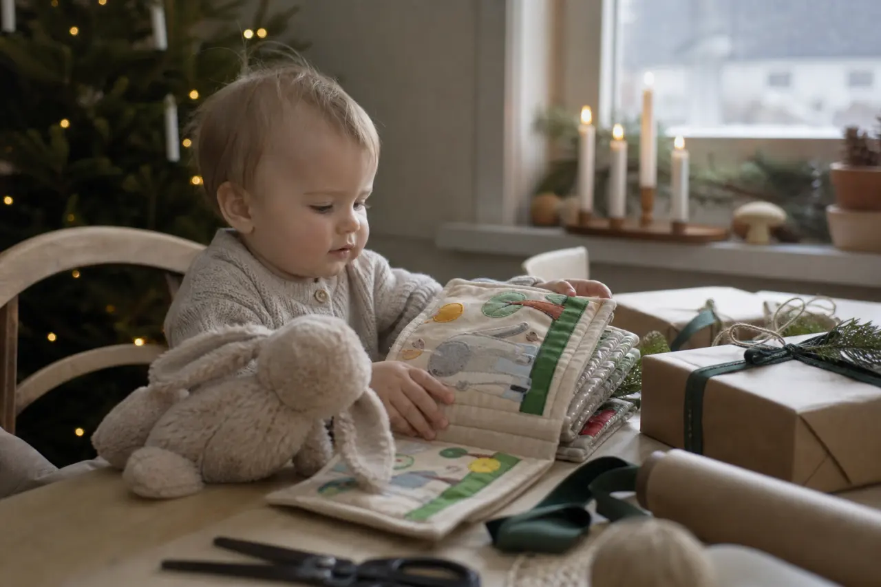 Mjukt gosedjur eller tygbok som julklapp till bebis