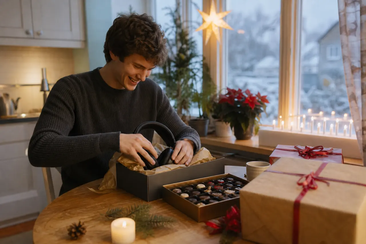 Presentpaket med gaming-tillbehör och en chokladlåda till bror