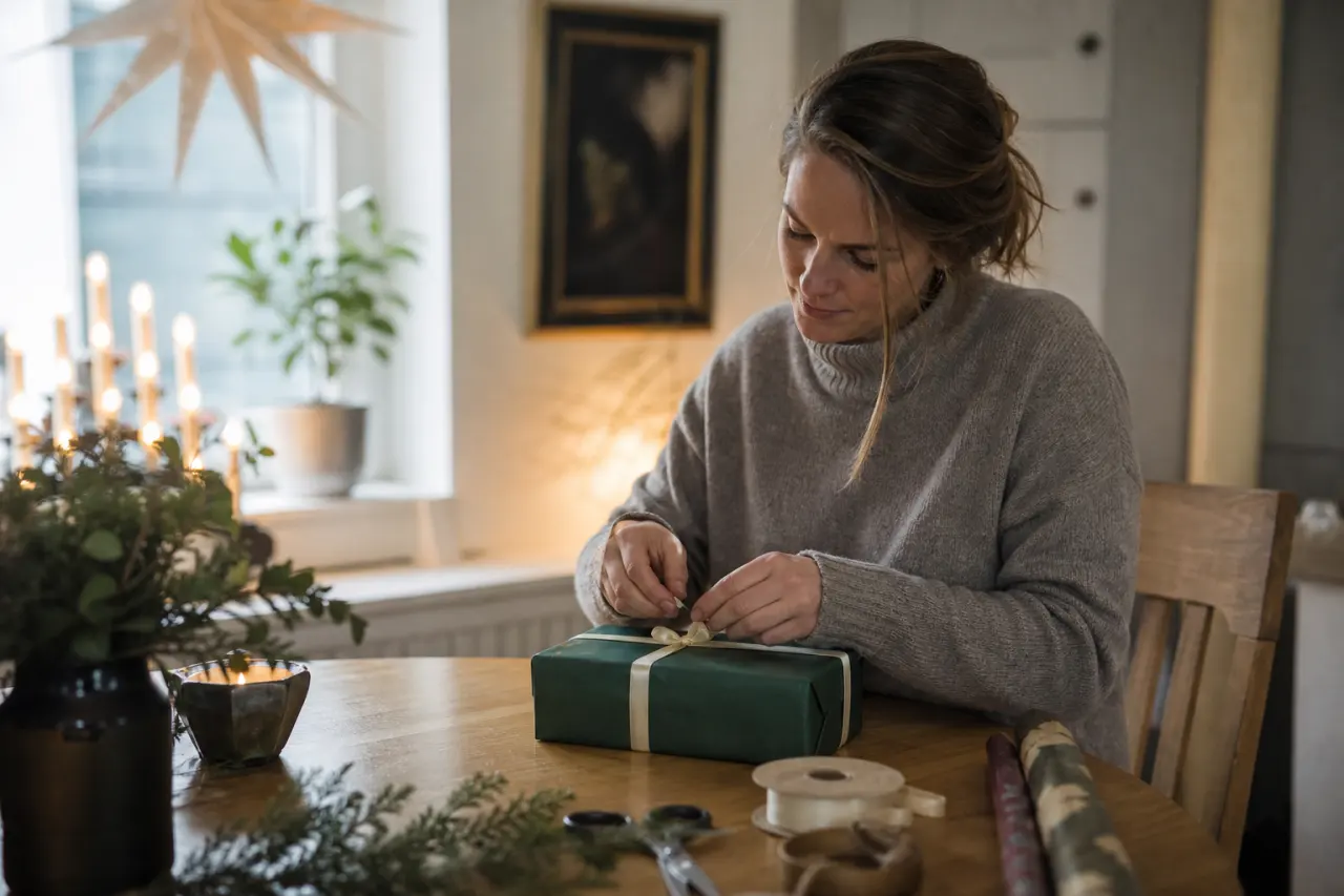 Neutral julklapp till chef, t.ex. inslagen chokladask på skrivbord