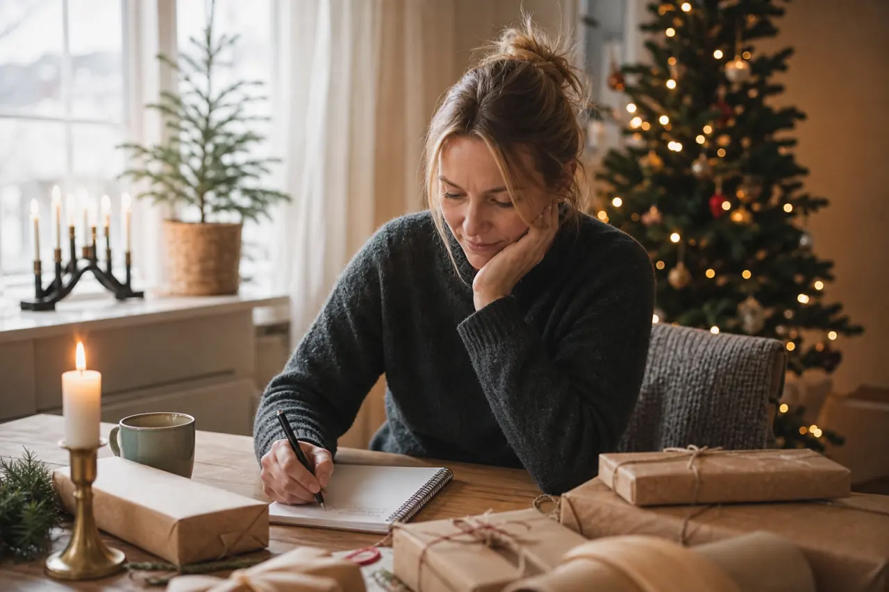 Önskelista och egen julklapp, t.ex. anteckningsblock med inslagen present
