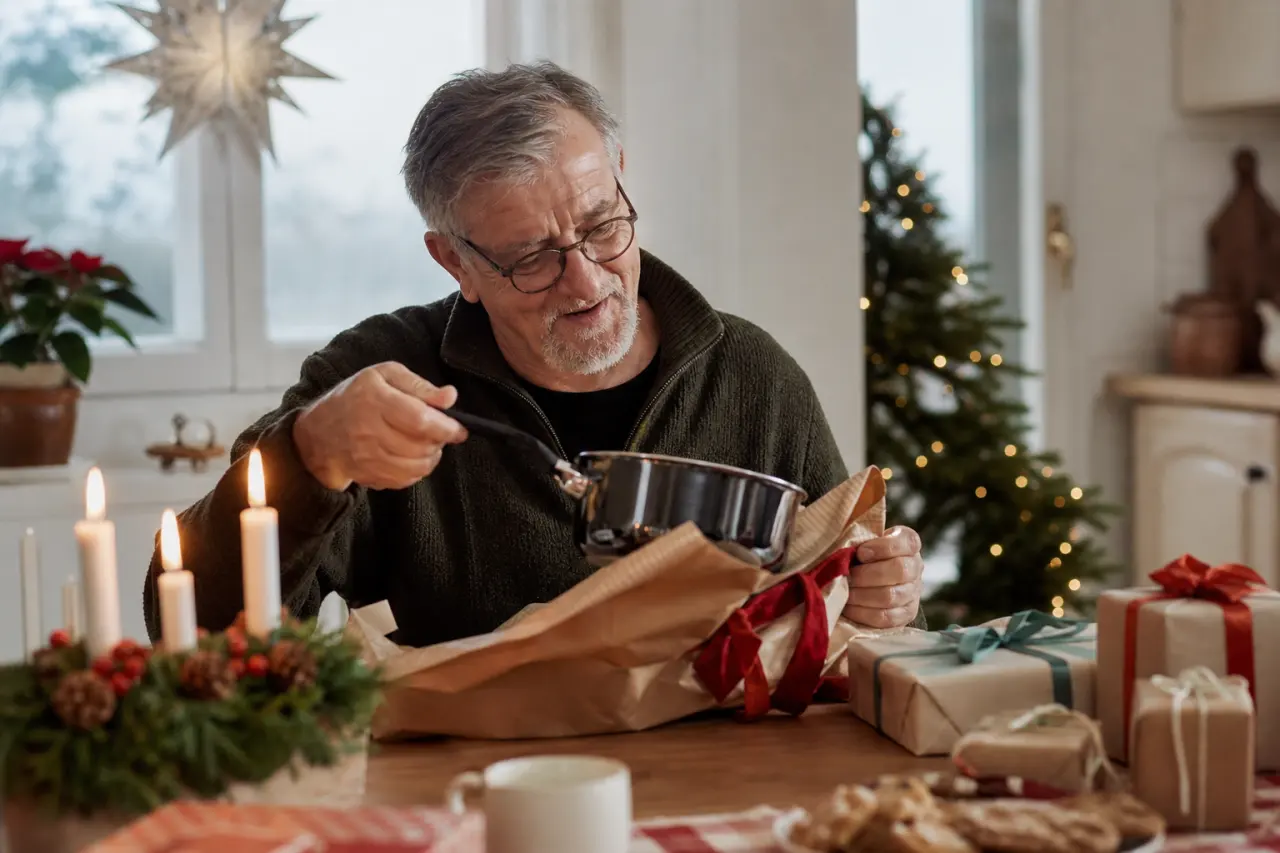 Farfar öppnar en vardagsnyttig julklapp vid köksbordet