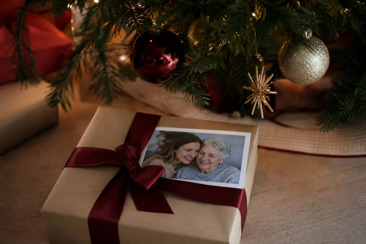 Personlig fotopresent inslagen till farmor under julgranen