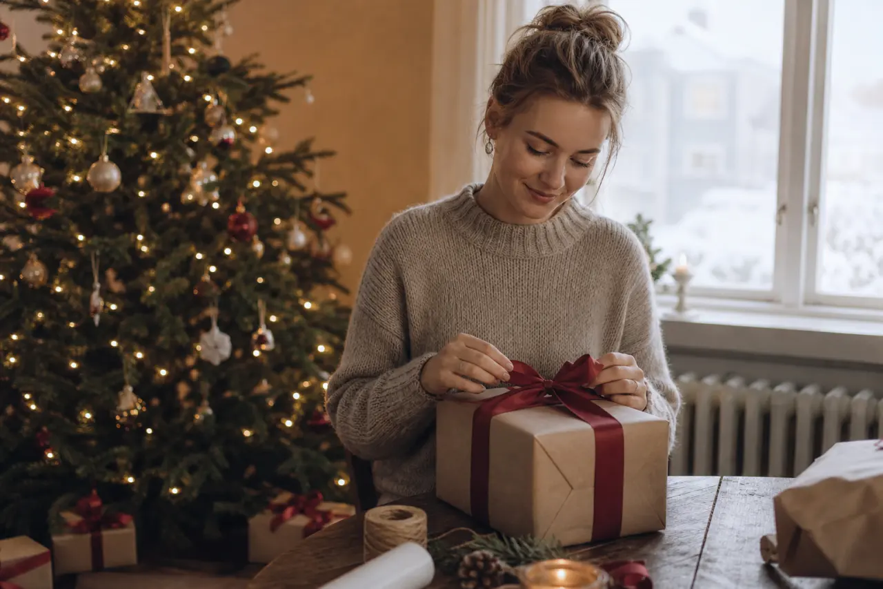 Julklapp till flickvän inslagen med rosett bredvid granen