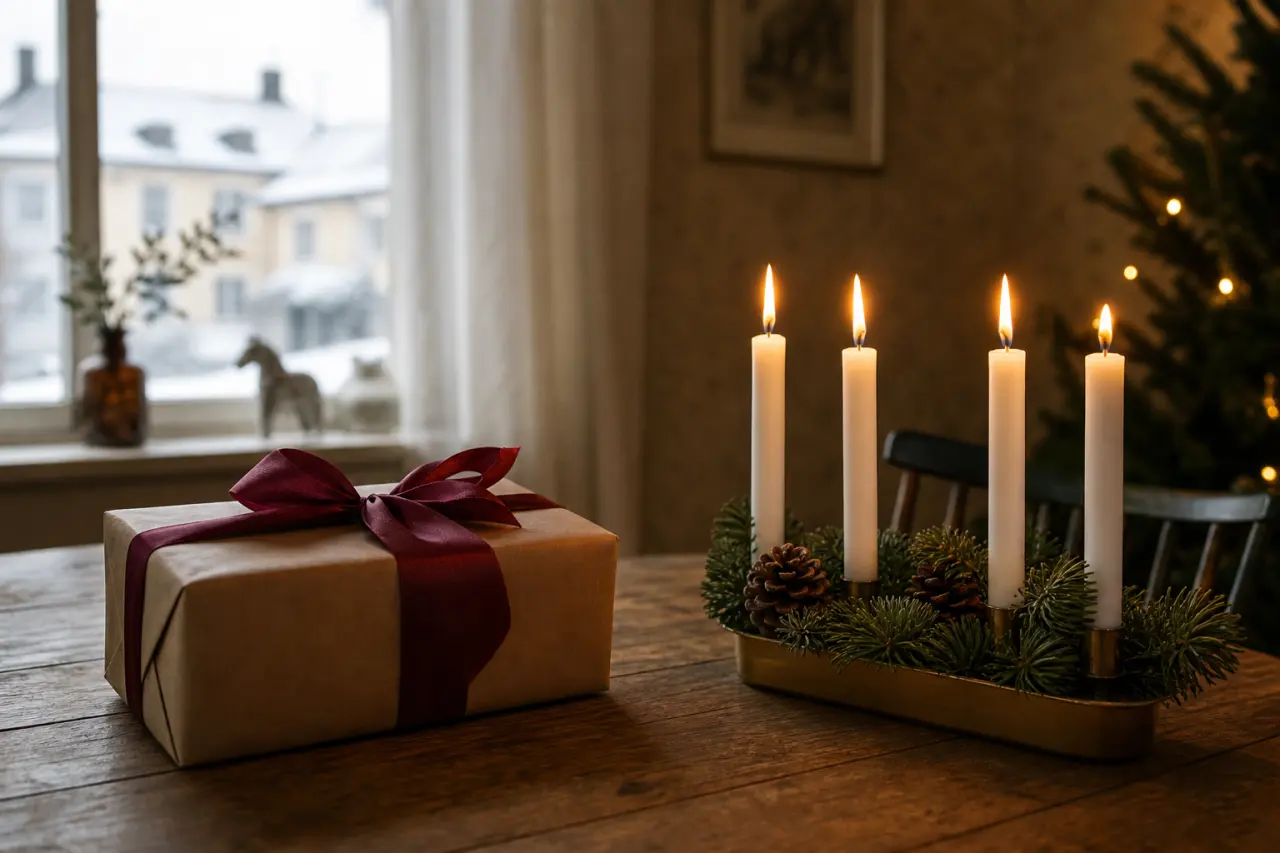 Inslagen julklapp till fru med rosett bredvid en tänd adventsljusstake