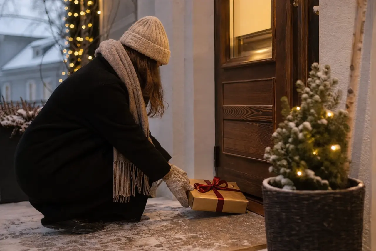 Inslagen chokladask lämnas som present vid grannens dörr