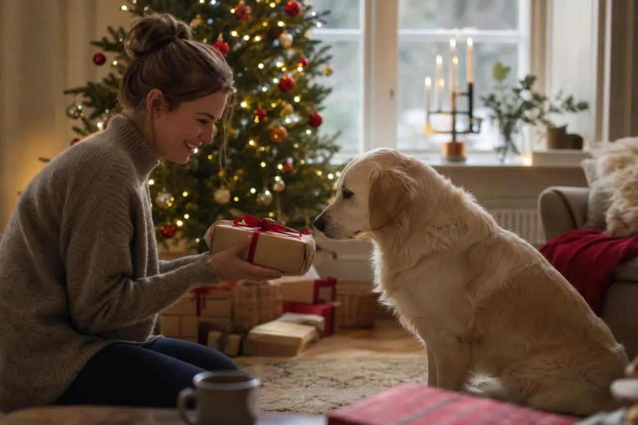 Hund som får en inslagen julklapp av sin ägare vid granen