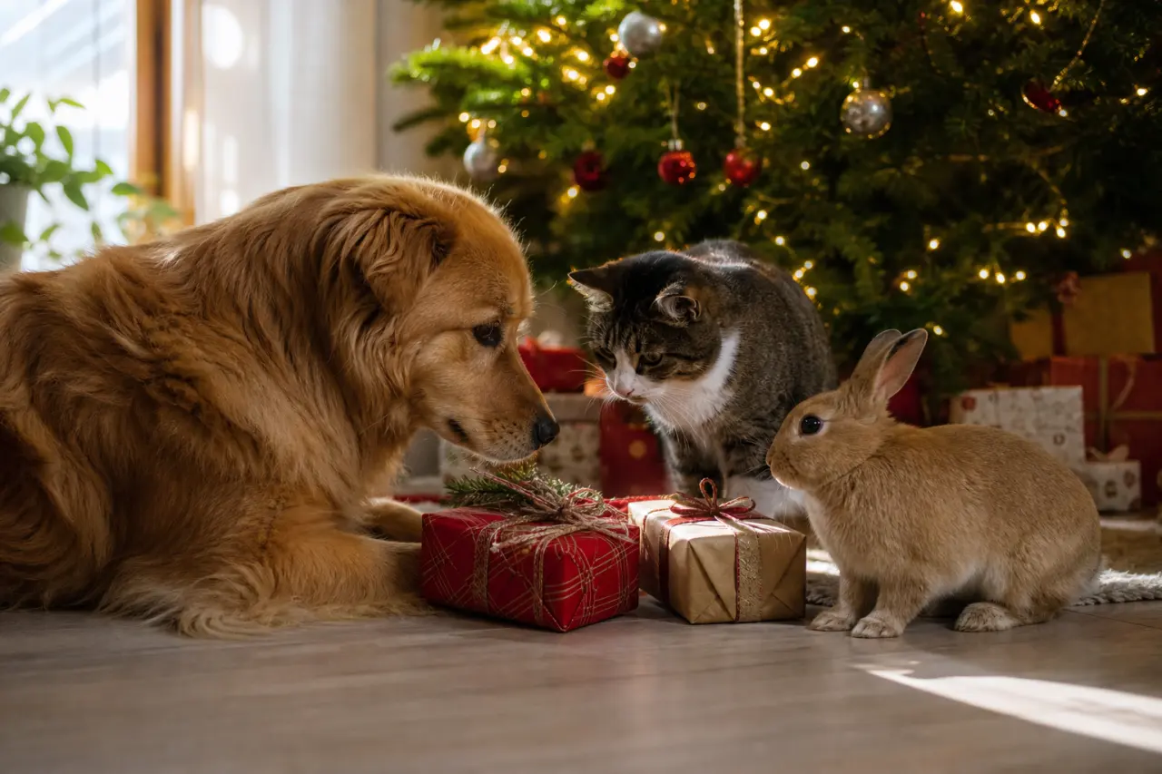 Hund, katt och kanin samlade kring julklappar under granen