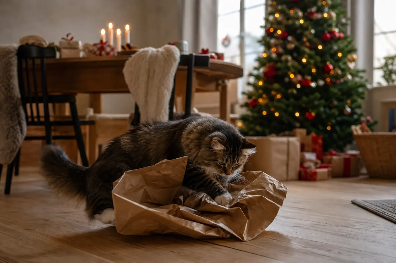 Katt som leker med skrynklig papperspåse eller julklappsförpackning