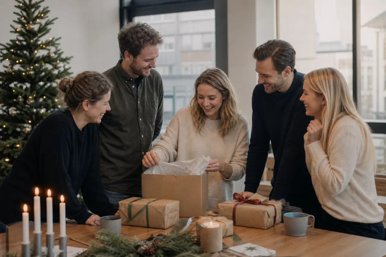 Kollegor som packar upp en gemensam julklapp på kontoret